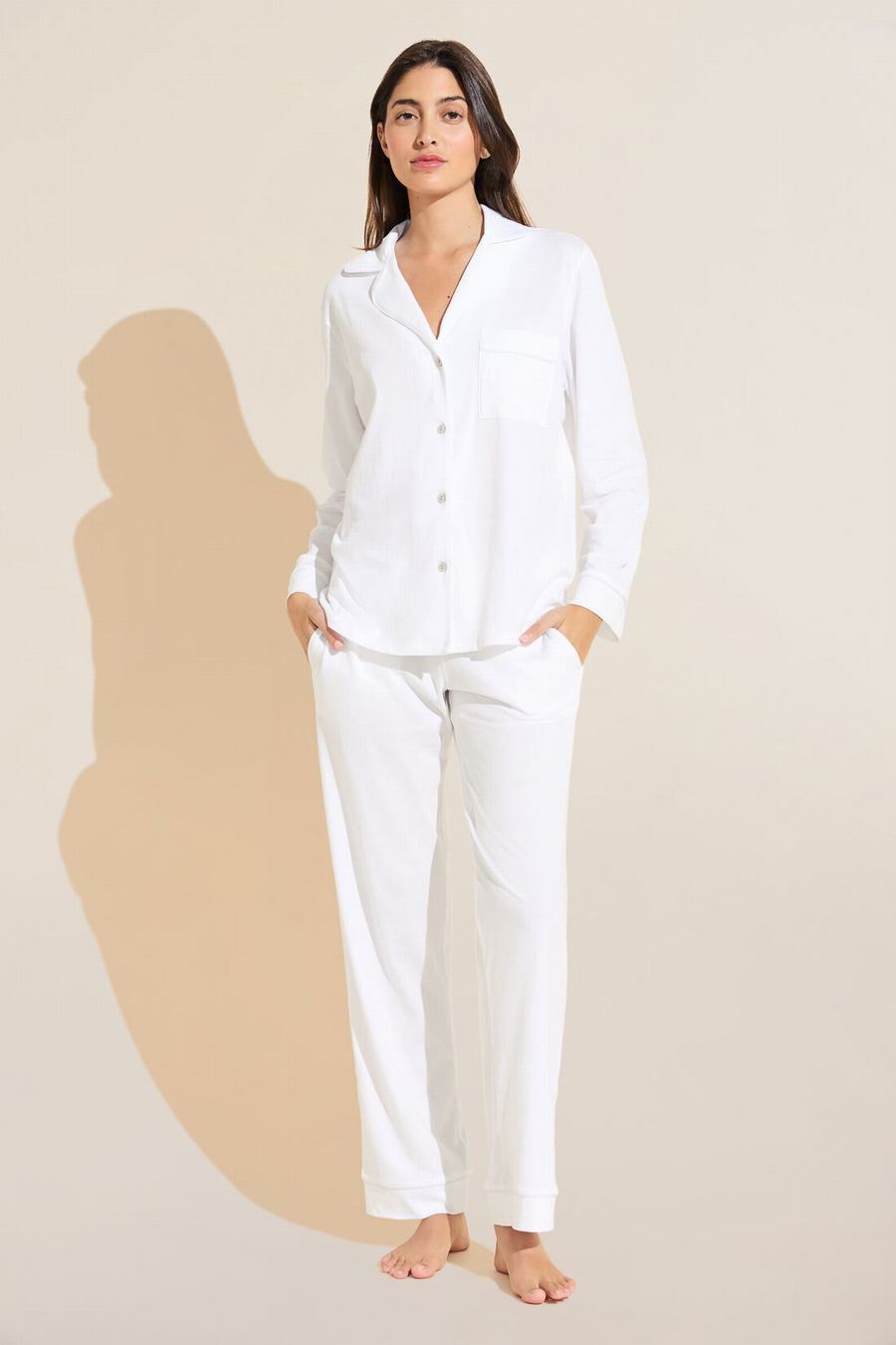 Eberjey Organic Pima Cotton Notch Collar Top & Pant PJ Set Women Pajamas White | YIO8991AI